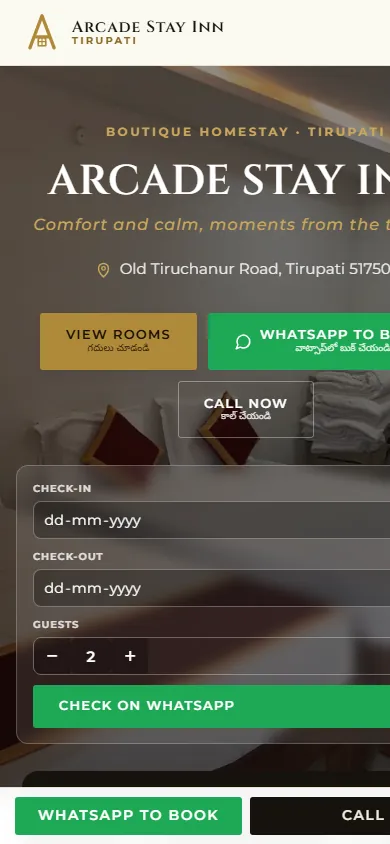Arcade Stay Inn website on a phone, with WhatsApp booking buttons