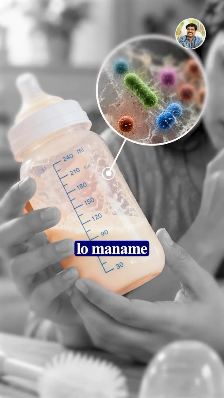 Close-up of a feeding bottle with a magnified view of germs