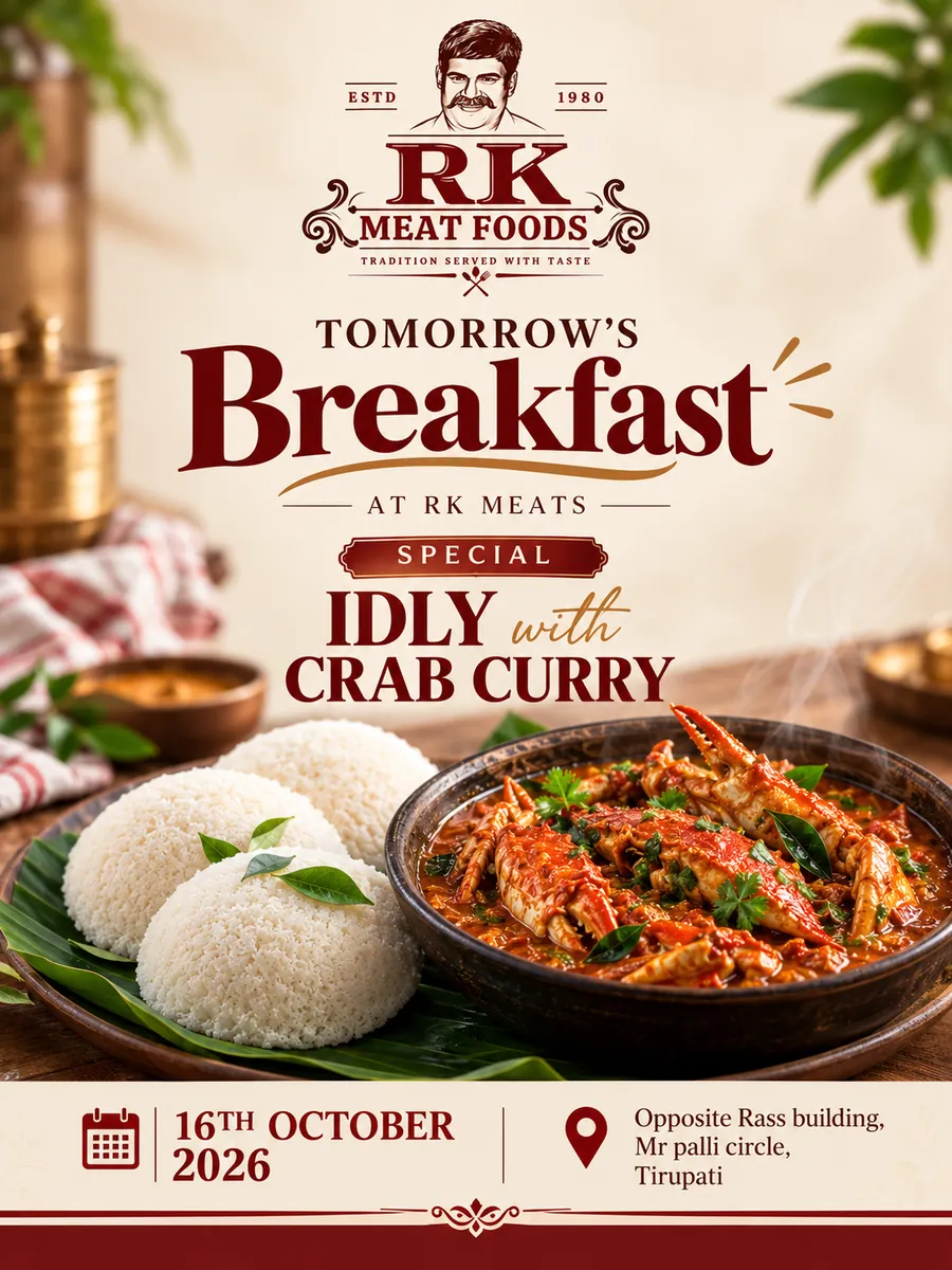Breakfast special poster for RK Meat Foods in Tirupati: idly with crab curry