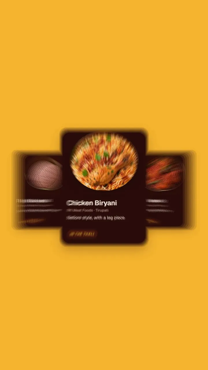 Dish carousel showing chicken biryani in the RK Meat Foods launch film