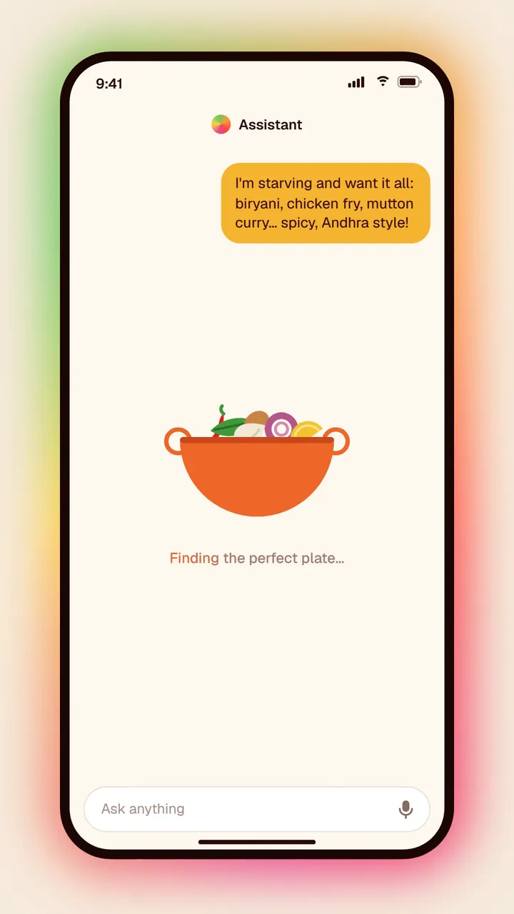 Food-app chat scene from the RK Meat Foods launch film, a customer asking for biryani, chicken fry and mutton curry