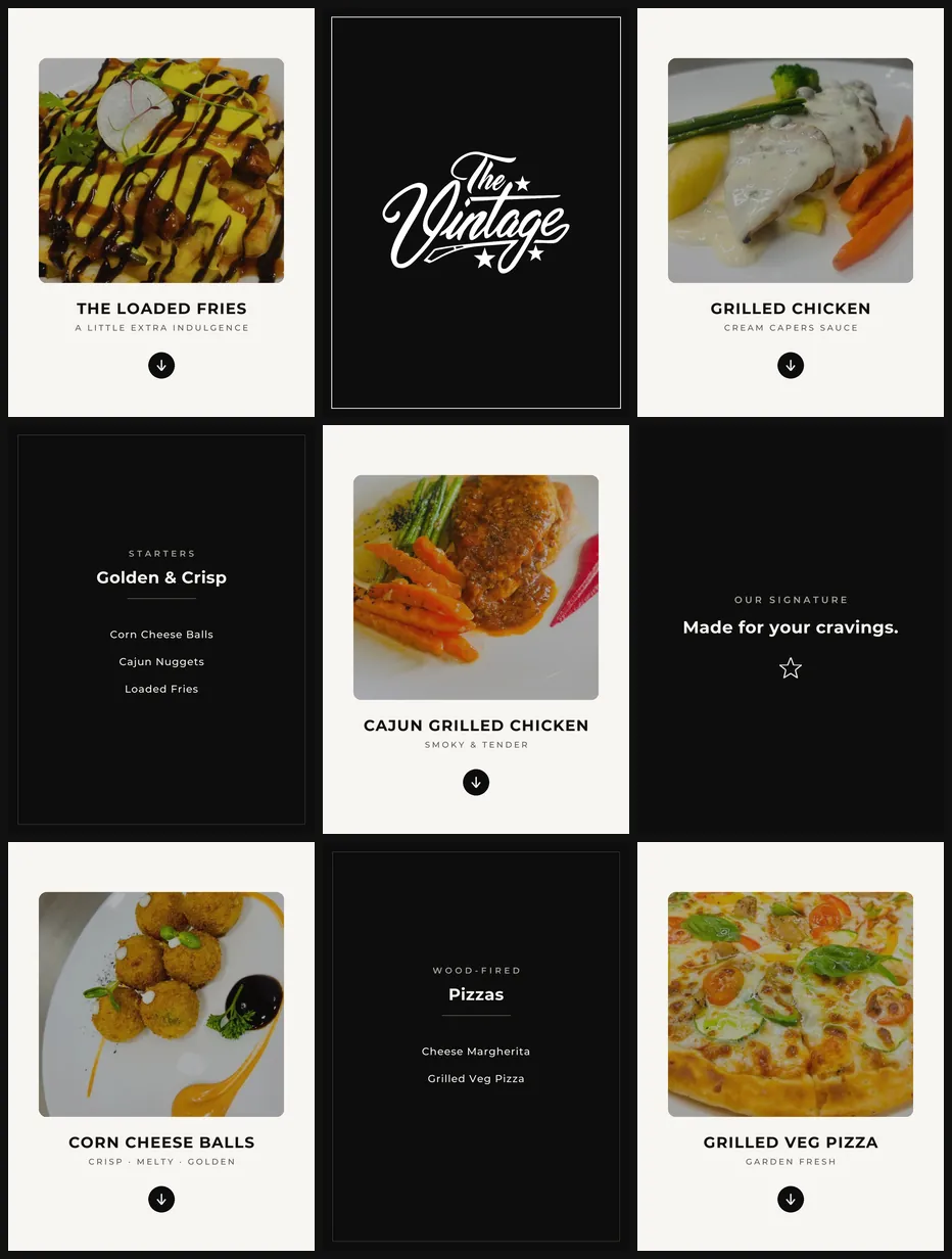 Nine-post black and white Instagram grid for The Vintage café in Tirupati, designed by Vistara Creative
