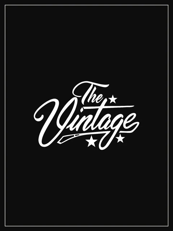The Vintage script logo tile in white on black