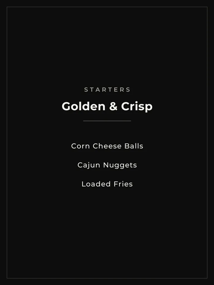 Starters menu tile listing corn cheese balls, cajun nuggets and loaded fries