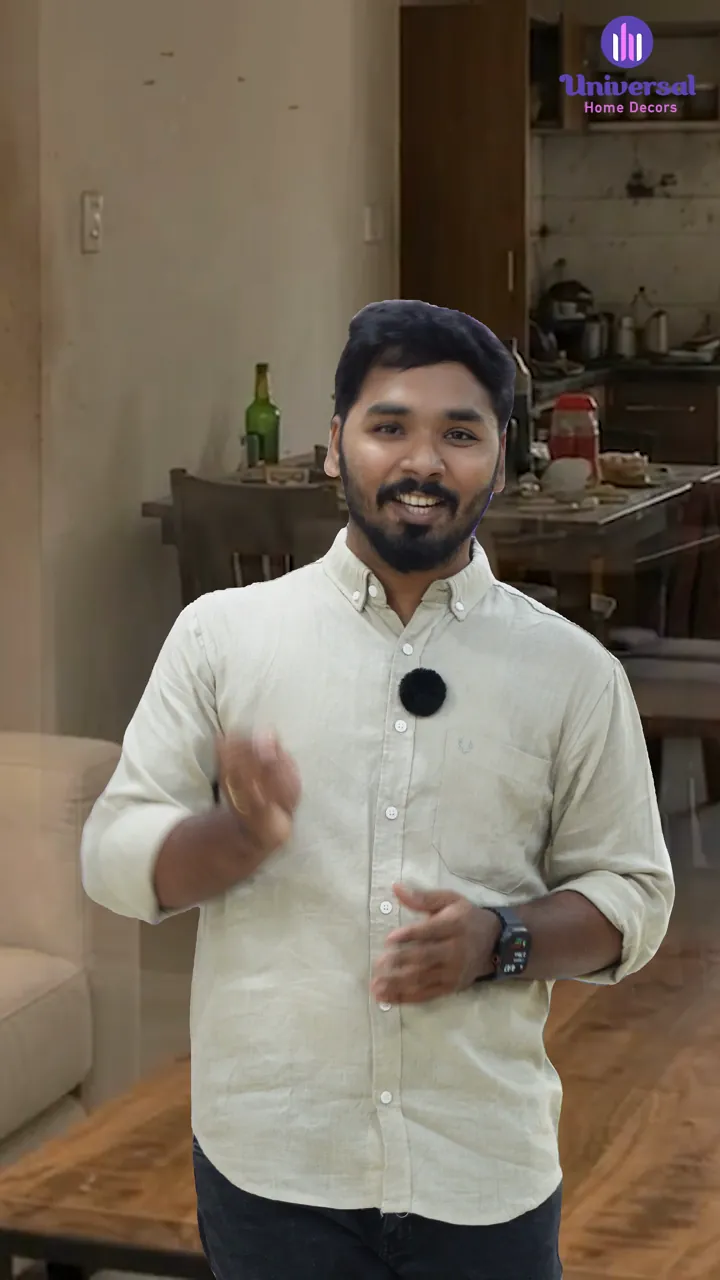 Presenter introducing Universal Home Decors in a living-room set
