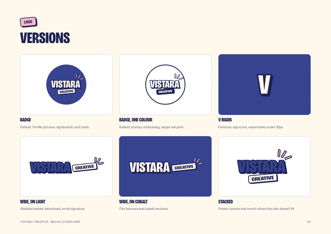 Vistara Creative logo versions: badge, one-colour badge, V mark, wide and stacked logos